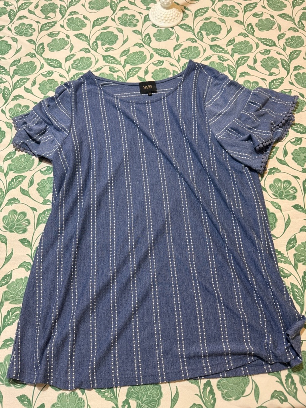 W5 Blue Striped Short Sleeve Ruffle Sleeve Top